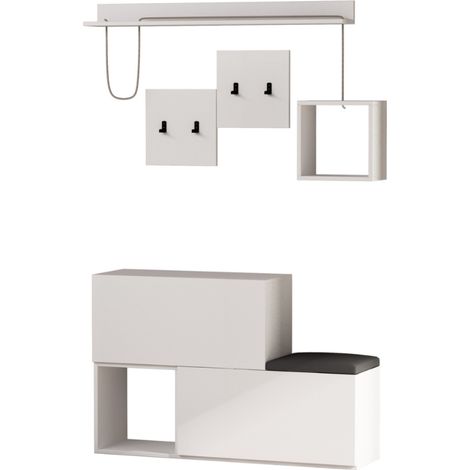 Mueble recibidor blanco con perchero, almacenaje y espejo INGA