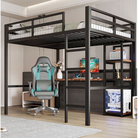 MEUBLIV Cama alta 140x200 cm negra con escritorio y estanterías, sin colchón (1/5)