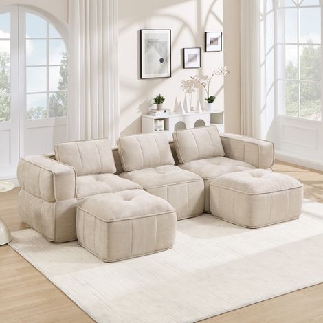 Modulares U-Sofa 271/162/67 cm Beige aus Polyester mit 2 Hockern, ohne Montage (1/5)