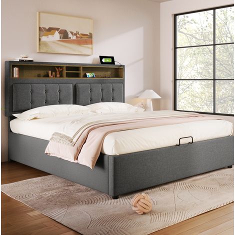 Bett Doppelbett Stauraum 160x200 Leinen Grau OKMYHOME (1/5)