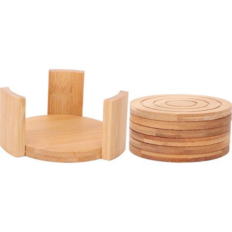 Set mit 6 runden Bambusuntersetzern mit Halterung für heiße und kalte Getränke. Wohnaccessoires. (1/5)