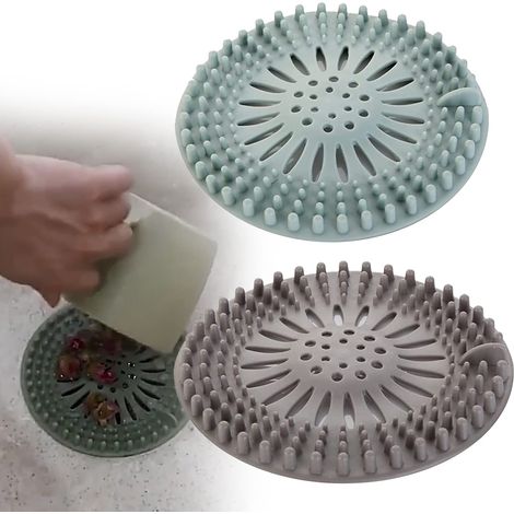 Lot de 2 filtres à cheveux en silicone - Pour cuisine, salle de bain, douche et lavabo - Bleu et gris (1/5)