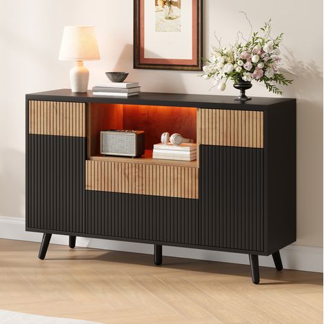 MODFU – Credenza 130x38x85 cm in MDF con LED RGB, 4 cassetti, ripiani regolabili, anti-ribaltamento e carico 50 kg – Naturale/nero (1/5)