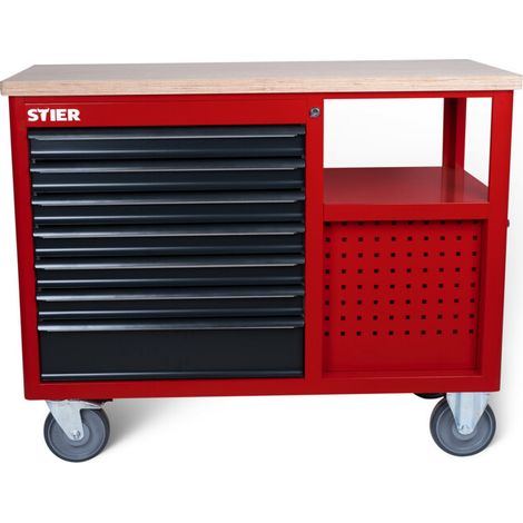 Établi mobile STIER Open Space, 11 tiroirs, rouge/gris