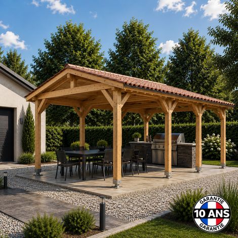 Carport bois 2 pentes en bois douglas 24 m², 8 poteaux. Abri voiture extérieur. Garantie 10 ans. (1/5)