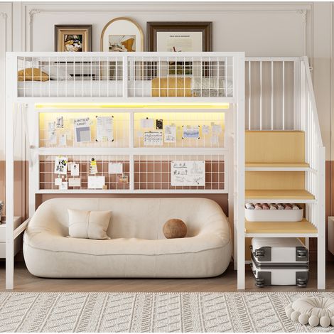 Cama alta metálica con escalera y LED para dormitorio OKMYHOME (1/5)