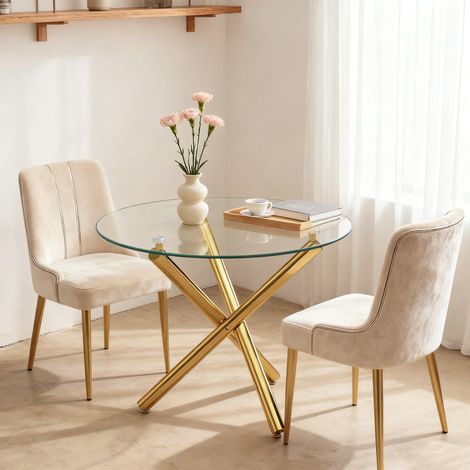 DESMIU Table de salle à manger ronde avec base croisée et pieds réglables, verre et métal, doré, 80 × 80 × 76 cm (1/5)