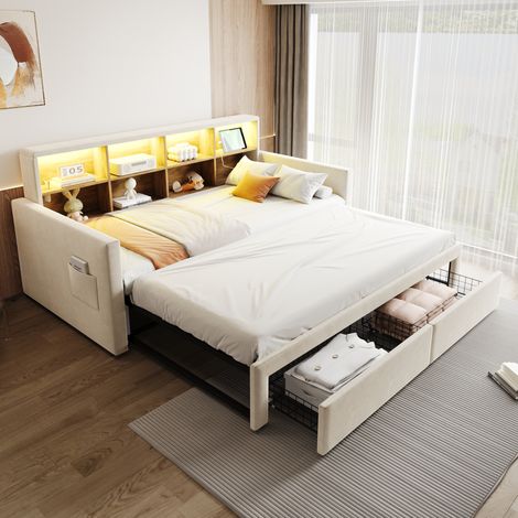 Lit escamotable canapé-lit 90/180×190 cm beige velours,tête de lit avec rangements,LED,prises,2 tiroirs,cadre à lattes,lit multifonctionnel