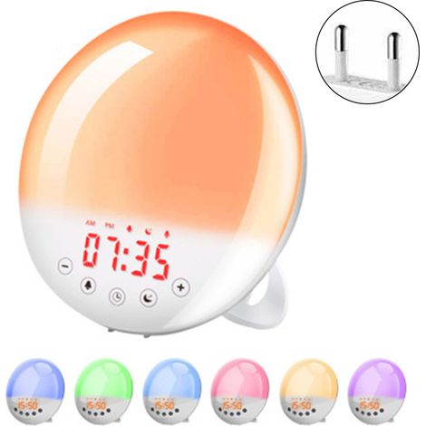 Réveil lumineux simulateur d'aube, veilleuse de chevet 7 couleurs avec simulation de lever/coucher du soleil, double alarme, fonction snooze, radio FM et 7 sons naturels, cadeau idéal pour enfants et 