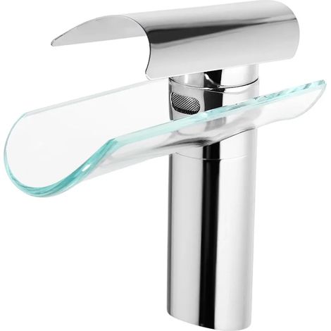 Rubinetto per lavabo a cascata - Installazione a foro singolo - Corpo in ottone - Nucleo valvola in ceramica - Miscelatore monocomando per acqua calda e fredda - Argento