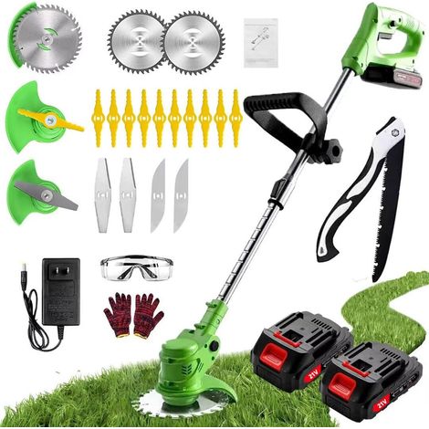1 Débroussailleuse Sans Fil, Tête Rotative 90°, 2 Batteries 2,0 Ah, 3 Lames, Longueur Réglable, Jardin
