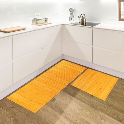Set di 2 tappeti da cucina antiscivolo in vero bamboo naturale passatoia cucina,ingresso,camera Oro