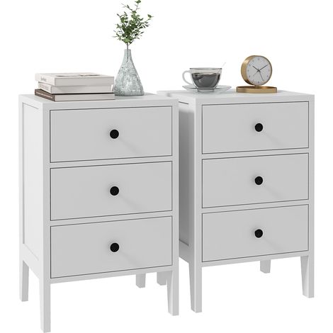 Lot de 2 tables de chevet, tables d'appoint, 3 tiroirs pour chambre en bois 40L x 30l x 64H cm blanc