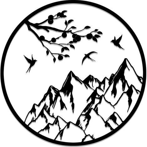 Montagne + branche arbre métal – décor mural rustique minimaliste, intérieur/extérieur (50 cm)