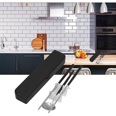 Ensemble de couverts portables en acier inoxydable, comprenant une cuillère, une fourchette et des baguettes pour étudiant, ensemble portable deux pièces, noir et argent (1/5)