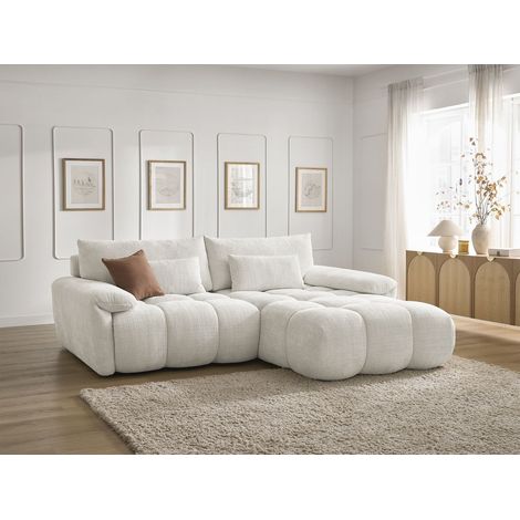 Bobochic – Canapé d'angle fixe 3 places – Tissu texturé 100% polyester – Longueur 264 cm – Style moderne – Dossier avance-recule – Couleur blanc (1/5)