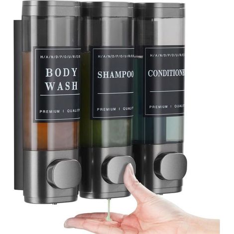Distributeur de Savon Mural 3 en 1, Distributeur de Gel Douche, Aucun poinçonnage requis, adapté au shampoing, après-shampooing, Cuisine, hôtel (Gris) (1/4)