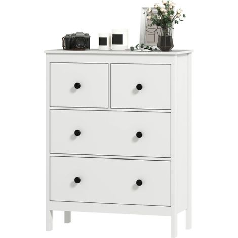 Commode à quatre tiroirs pour vêtements et linge de maison convient au séjour, à la chambre ou à l'entrée en panneaux de particules blanc. (1/5)