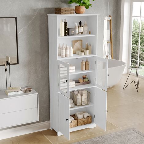 Badhochschrank modern aus MDF in Weiß 57,5 x 28,5 x 160 cm, 4 Türen, 2 offene Fächer, verstellbare Einlegeböden