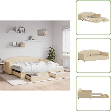 The Living Store Lit de jour avec gigogne et tiroirs crème 100x200 cm tissu - Canapé Convertible - Lit Gigogne - Meuble Multifonctionnel - Lit D'appoint - Rangements Intégrés