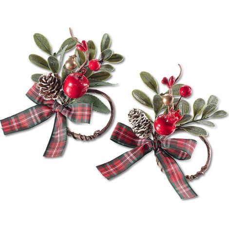 Coroncine natalizie di foglie, pigne e bacche artificiali con fiocco in tessuto scozzese ideali per packaging di Natale, set da 12 pezzi, cm 7 x 10 H