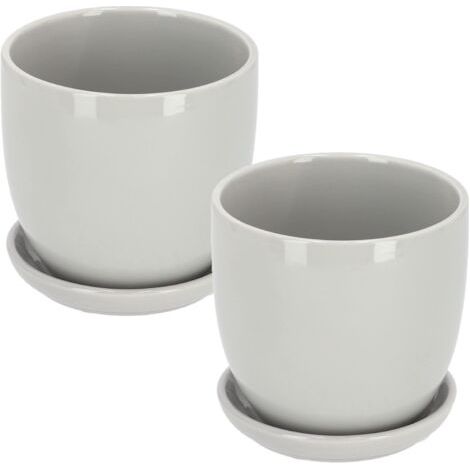 Lot de 2 pots de fleurs en céramique avec bac d'égouttement Gris 20 cm-NANOTEH (1/5)