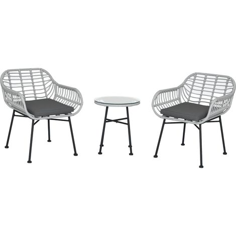 Ensemble de mobilier de jardin 3 pièces en rotin PE, salon de jardin avec 2 fauteuils et table basse à plateau en verre, gris, idéal pour terrasse et bistro.
