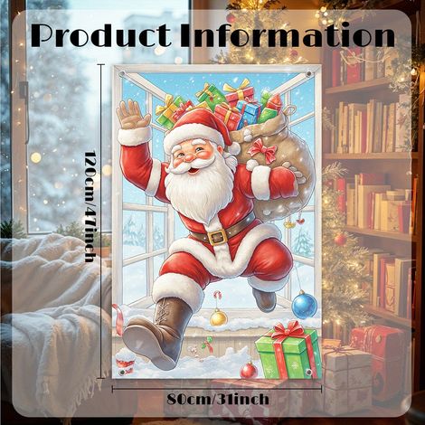 Nouvelle décoration de fenêtre de Noël, tenture Père Noël, décoration de fête, drapeau d'extérieur - 80 x 120 cm (œillets + ruban) - Modèle 15