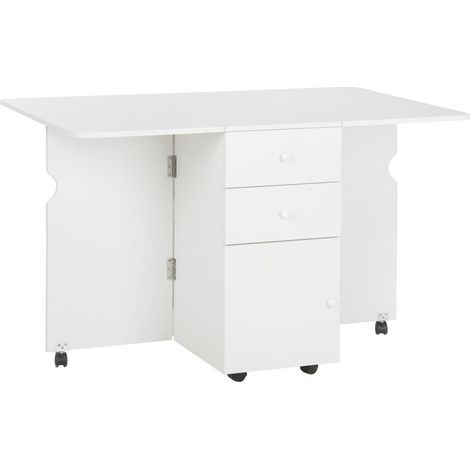 Table pliante blanche avec rallonges sur roulettes et 2 tiroirs, 120x80x75 cm, pratique pour cuisine repas gain de place