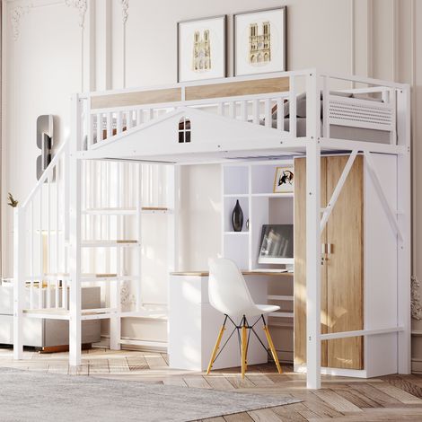 Lit mezzanine en métal 90 x 200 cm, rambarde de sécurité unique avec fenêtre, échelle de sécurité incluse, espace suffisant sous le lit pour un couvre-lit, blanc, style antique. Référence : LDT00276AA (1/5)