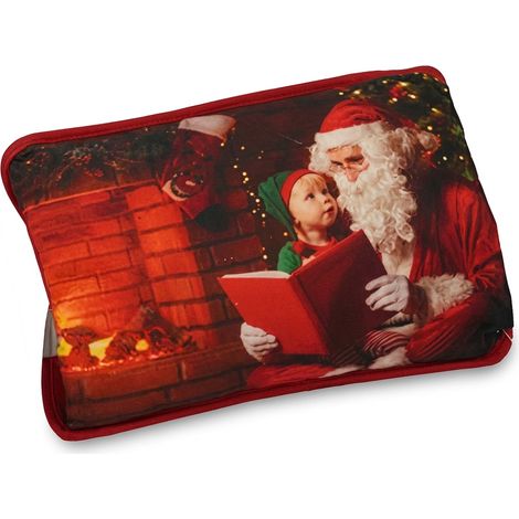 Borsa Acqua Calda 18x26cm Scaldaletto con Morbido Rivestimento Natalizio,Scaldamani Termico per Letto Divano e Benessere, Fantasia Babbo natale con camino natalizio (1/5)