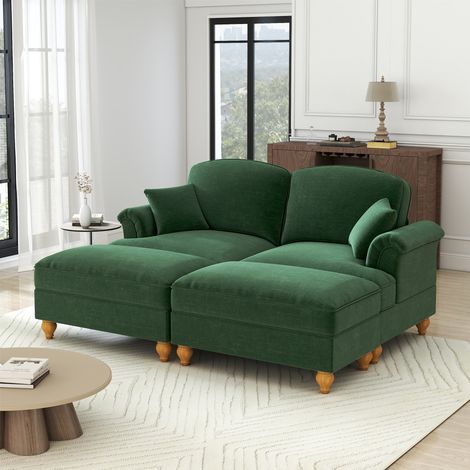 Klassisches modulares 2-Sitzer Sofa aus Chenille mit Trichter-Armlehnen, abnehmbarer Rüschenschürze, spindelförmigen Beinen & beweglichem Hocker – Weiches, tiefes Cloud-Sofa fürs Wohnzimmer,Grün