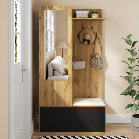 Meuble à chaussures d'entrée 100 x 38 x 191 cm, miroir, banc, 5 patères (1/5)