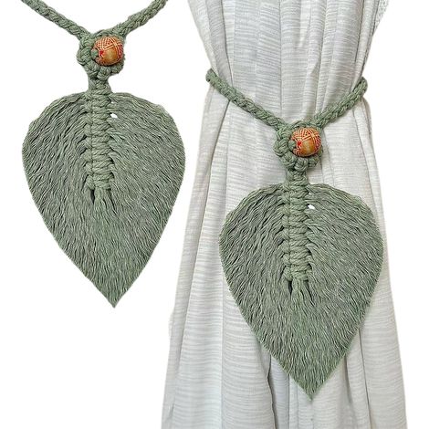 Dos cintas tejidas de cuatro hebras con forma de hoja en color verde empolvado, sujetacortinas hechas a mano de estilo bohemio. (1/4)