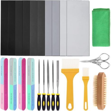 Assortiment de 26 pièces de papier abrasif, lime en résine, blocs de polissage, ciseaux, brosse de nettoyage en bois pour le polissage de la résine (1/5)
