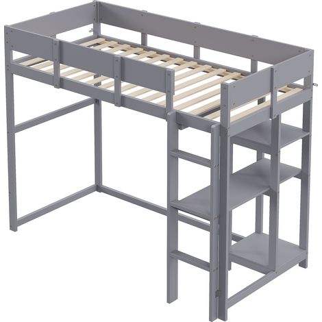 Litera alta 90 x 200 cm con estantería, gris, de madera de pino (1/5)