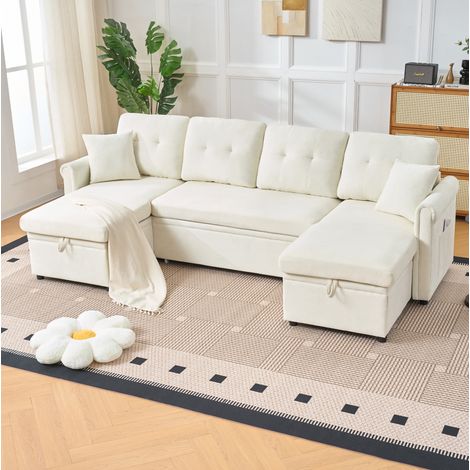Divano angolare convertibile a U 266 x 130 x 85 cm con contenitore, ciniglia beige OKMYHOME (1/5)