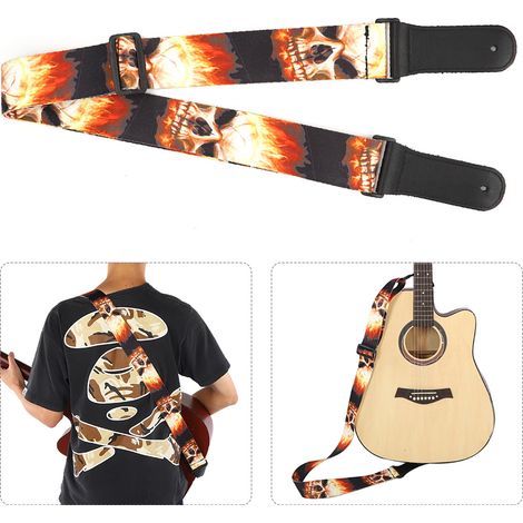 Sangle de guitare en cuir flammes et crâne, longueur réglable pour confort (1/5)