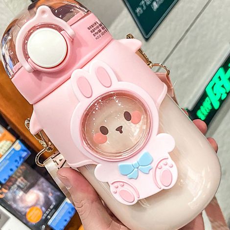 Gobelet à paille souple portable en plastique avec motif dessin animé et dragonne rose (1/4)