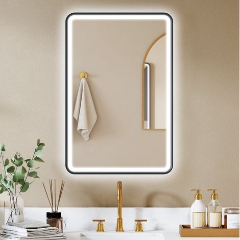 Espejo de baño LED 90 x 60 cm, antivaho, 3 colores, regulable, negro DESVIAE (1/5)