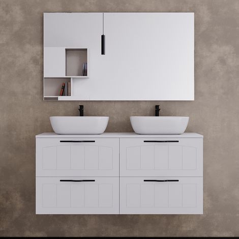 Meuble de salle de bain 120cm avec plateau et deux vasques à poser ovales - 4 tiroirs - blanc - PIA (1/5)