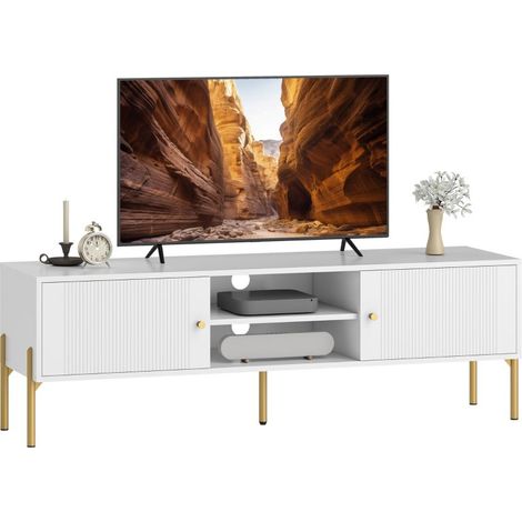 Meuble TV blanc 65 pouces avec 2 portes et compartiments ouverts, pieds en acier 140x38x45,9cm parfait pour votre salon moderne. (1/4)