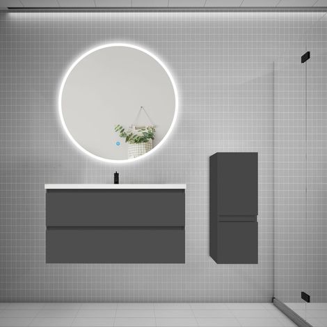 Ensemble meuble vasque L.99cm 2 tiroirs + lavabo + LED miroir rond 100cm + colonne,anthracite (1/5)