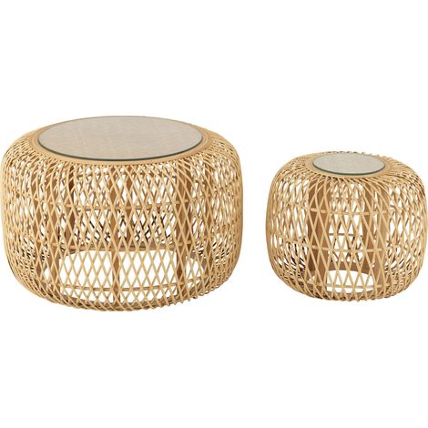 Lot de 2 tables basses rondes 53 et 80 cm en verre et bambou naturel (1/5)