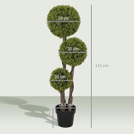 Plante de buis artificielle avec 3 boules, pot inclus et base renforcée, hauteur 115 cm (1/5)