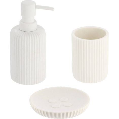 Set gobelet distributeur a savon et porte savon polyresine striee - blanc - Tendance (1/2)