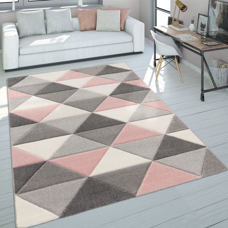 Paco Home Teppich Wohnzimmer Rosa Grau Pastellfarben 3-D Design Dreieck Muster Kurzflor 60x100 cm