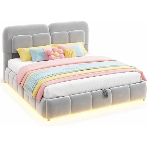 Lit Coffre Double avec LED Réglable, Tête de Lit Rembourrée, 140 x 200 cm, sans Matelas, Gris (1/5)
