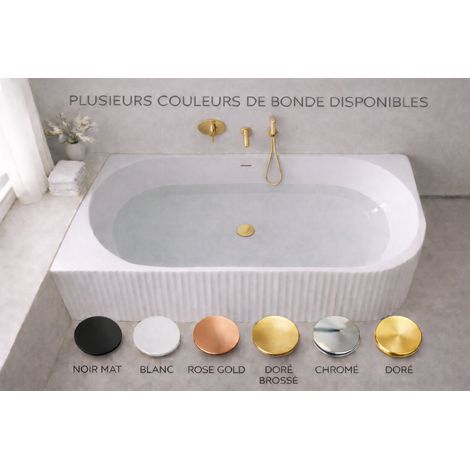 Baignoire d'angle droite - 160 x 75 cm - Blanc brillant rainure avec bonde doré brossé - PERLE (1/5)