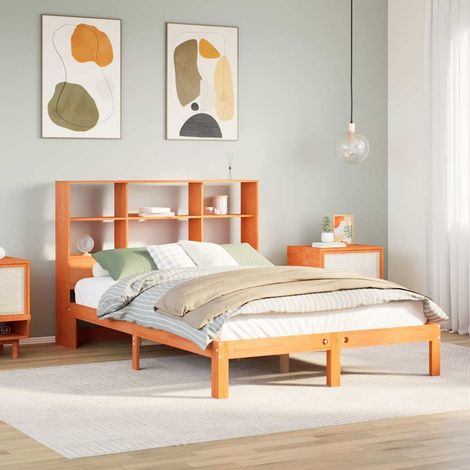 Lit bibliothèque sans matelas cire marron 135x190 cm pin massif (1/5)